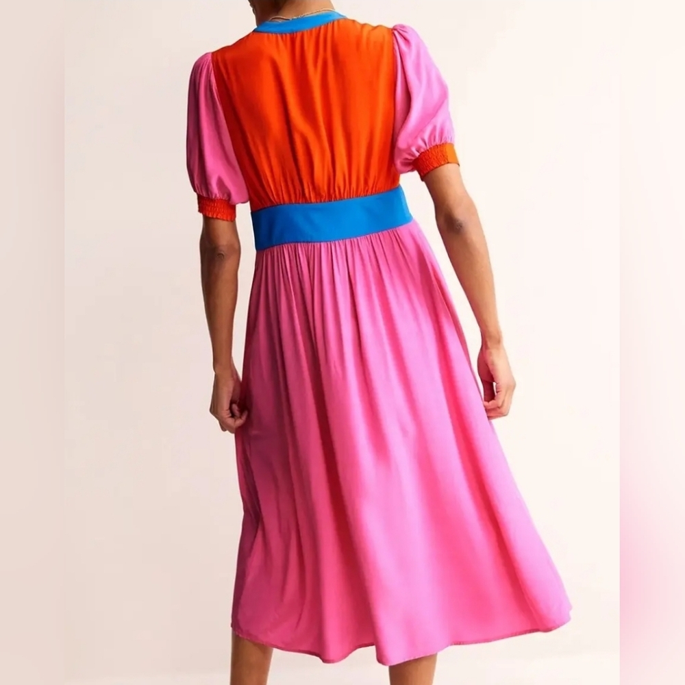 NWT Boden Pink Elsa Midi Tea Dress, Pink, Blue And Orange W/ Buttons - Picture 2 of 13